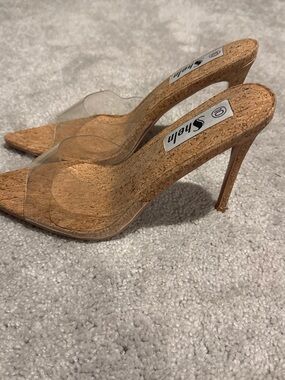SHEIN Cork-Textured Clear Strap Stiletto Mules - Brown/Clear
